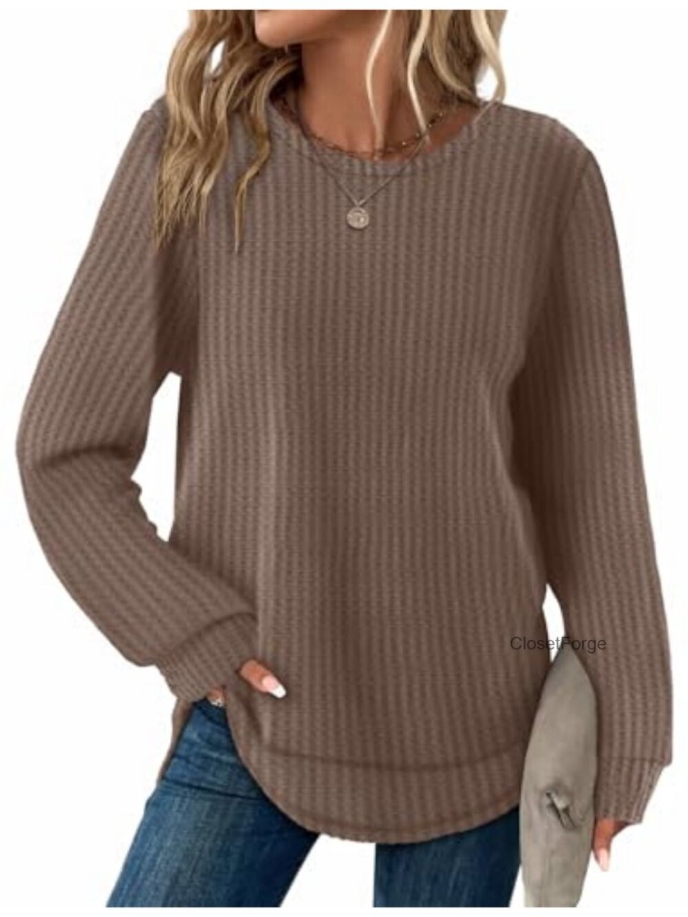Waffle Knit Tunic Top Long Sleeve Curved Hem Crewneck
